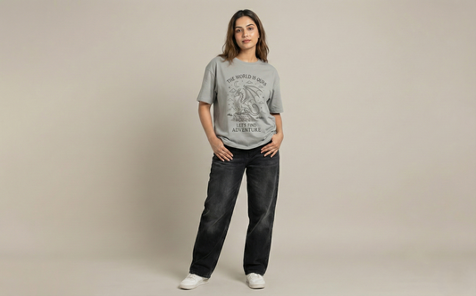 Women’s Oversized Grey Dragon Adventure Graphic Tee