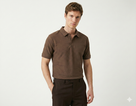 Brown Textured Polo Shirt for Men - Smart Casual Office Ready